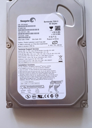 Винчестер hdd seagate barracuda 7200/ 80gb/sata/, б/у.