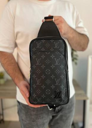 Мужская сумка слинг, туристическая louis vuitton кожаная, через плечо, деловая сумка, черная.
