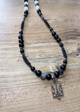 Намисто з тризубом , агат, шунгіт, білий онікс, гематит