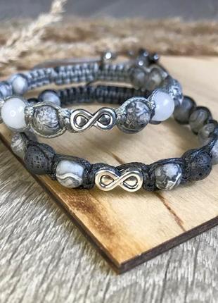 Парні браслети з символом нескінечності: яшма, лава,кварц