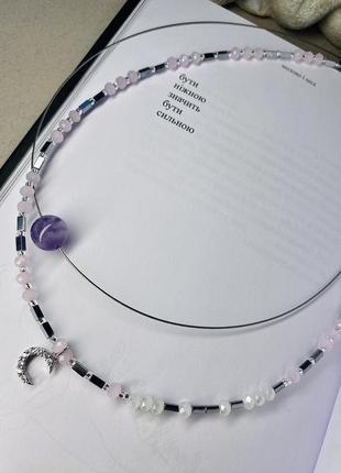 Комплект чокерів з аметистом, півмісяцем,кришталем та гематитом