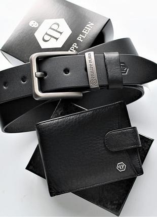 Ремінь і гаманець  black / чорний / шкіра / подарунковий набір чоловікові