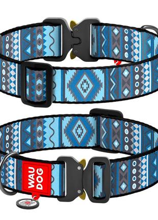 Ошейник для собак нейлоновый waudog nylon с qr паспортом, рисунок "этно синий", металлическая пряжка-фастекс, xxl, ш 35 мм, дл