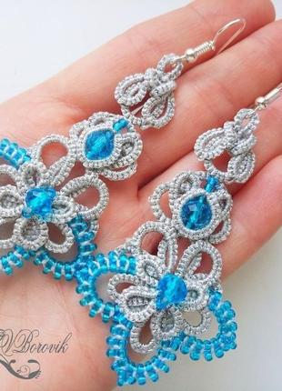 Кружевные серьги фриволите, анкарс с бисером и бусинами