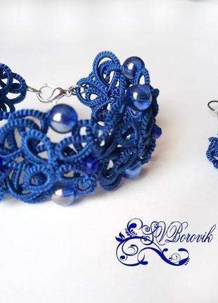 Синие кружевные серьги и браслет фриволите, анкарс1 фото
