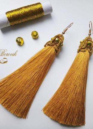 Кружевные золотистые серьги кисти фриволите, анкарс