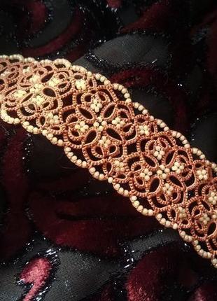 Широкий кружевной браслет фриволите с бисером