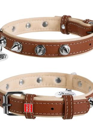 Ошейник для собак кожаный waudog soft с qr паспортом, с шипами, ш 35 мм, дл 46-60 см коричневый