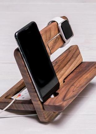 Аксесуар з дерева для робочого столу дерев'яні подарунки підставка органайзер для годинника телефона5 фото