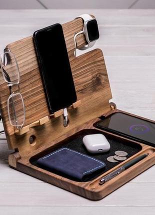 Настольный органайзер холдер держатель подставка под часы телефон ручку ключи кошелек из дерева4 фото