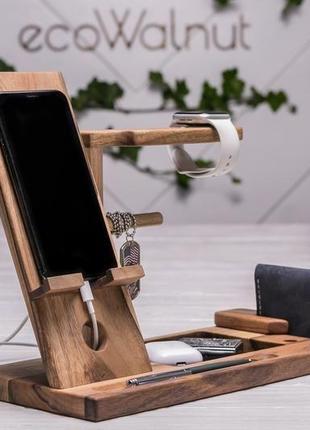 Настольный органайзер для телефона очков ручек iphone часов apple iwatch airpods из дерева на стол5 фото