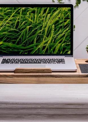 Столик підставка кулер тримач органайзер для охолодження ноутбука макбука macbook з дерева + логотип1 фото