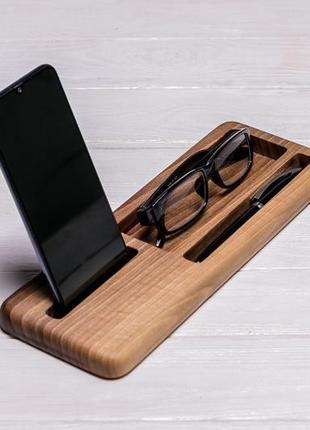 Настольный органайзер держатель докстанция для рабочего стола из дерева для очков телефона iphone