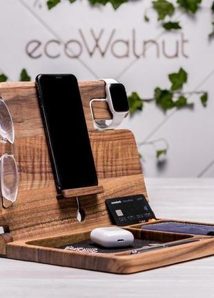 Подставка органайзер для телефона смартфона очков карт часов ручек из дерева с гравировкой логотипом1 фото