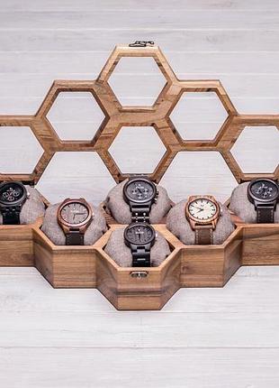 Органайзер шкатулка коробочка для 6 наручных часов с подушечками из ткани с логотипом гравировкой