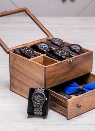 Горіхова скринька з комірками для зберігання годинників органайзер із дерева з логотипом ящиком7 фото