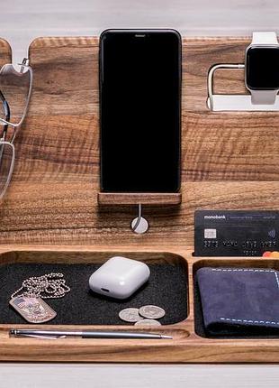 Оригинальный подарок акксессуар органайзер подставка док станция из дерева для телефона часов ключей