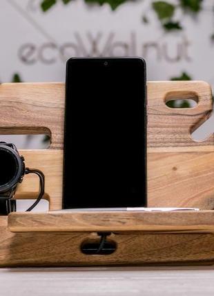 Дерев'яний настільний аксесуар органайзер для телефона годинників ключів в офіс з гравіюванням лого