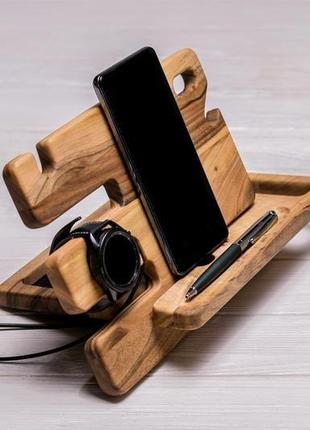 Дерев'яний настільний аксесуар органайзер для телефона годинників ключів в офіс з гравіюванням лого5 фото