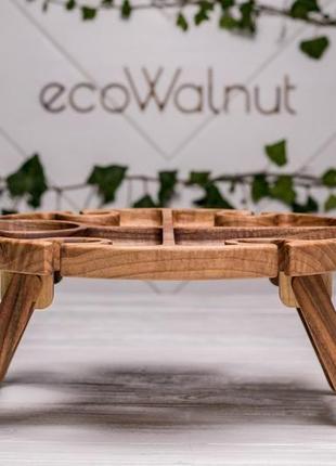 Винний дерев'яний столик піднос для сервірування подачі продуктів фруктів солодощів у ліжко з лого6 фото