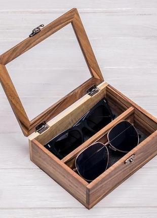 Дерев'яний футляр органайзер скринька підставка аксесуар зі скляною кришкою для двох пар окулярів2 фото