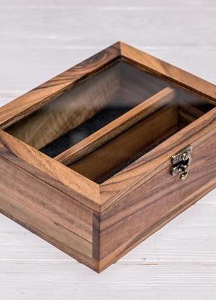 Деревянный футляр органайзер шкатулка подставка аксессуар со стеклянной крышкой для двух пар очков6 фото