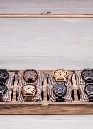 Скринька для 8 годинників на ремінці на робочий стіл з дерева з подушечками гравіюванням логотипом