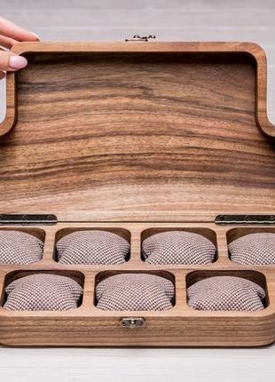 Дерев'яна скринька коробочка для 7 годинників з подушечками персональним гравіюванням логотипом2 фото