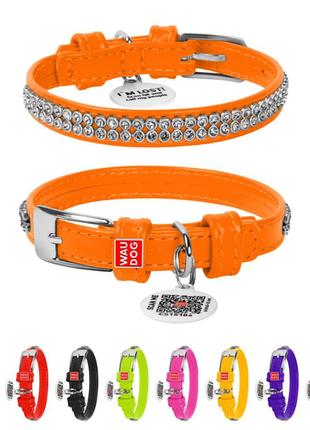 Ошейник для собак кожаный waudog glamour с qr паспортом, с украшением "полотно стразы", ш 9 мм, дл 18-21 см