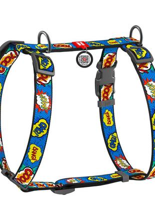 Шлея для собак анатомическая h-образная waudog nylon с qr-паспортом, рисунок "вау", пластиковый фастекс, м, ш