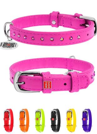 Ошейник для собак кожаный waudog glamour с qr паспортом, с клеевыми стразами, ш 15 мм, дл 27-36 см розовый
