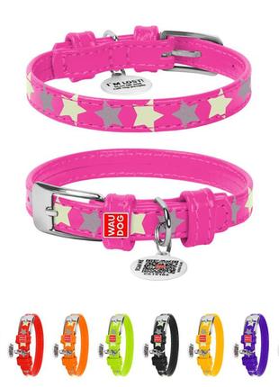 Ошейник для собак кожаный waudog glamour с qr паспортом, узор "звёздочка", светящийся/светоотражающий, ш 12