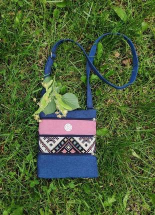 Міні сумка "4 кишені" з синьо-рожевим орнаментом (23000) - під замовлення5 фото