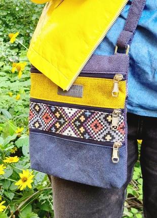 Мини сумка "4 кармана" голубой с желтый (23007)5 фото