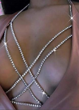 Ожерелье женский бюстгальтер с серебряным покрытием, украшенный стразами