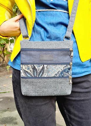 Маленькая сумка "4 кармана" синяя с декором тунис (23020)