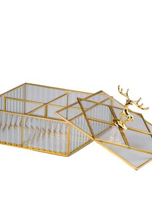Шкатулка для украшений золотой олень квадратная стекло с металлическим каркасом 22х22 см2 фото