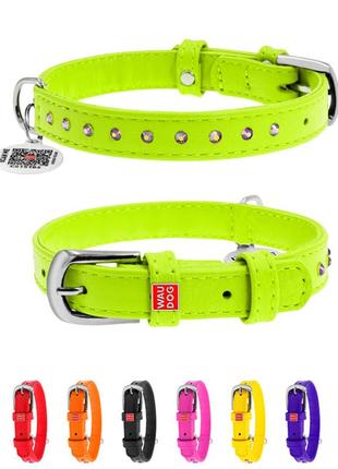 Ошейник для собак кожаный waudog glamour с qr паспортом, с клеевыми стразами, ш 12 мм, дл 21-29 см салатовый