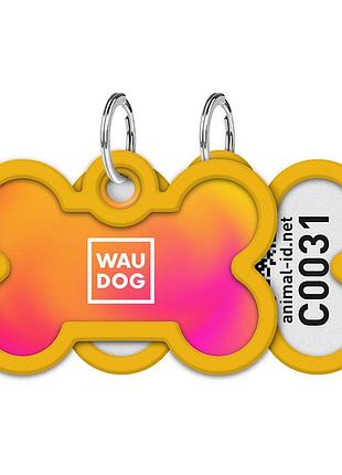 Адресник для собак и котов металлический waudog smart id c qr паспортом, рисунок "градиент оранжевый", кость, д 40 мм, ш 28 мм
