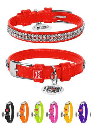 Ошейник для собак кожаный waudog glamour с qr паспортом, с украшением "полотно стразы", ш 9 мм, дл 18-21 см