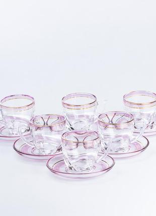 Чашки з блюдцем стеклянные прозрачные набор на 6 персон
