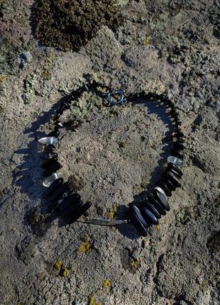 Чёрное колье бусы из агата, обсидиана, раухтопаза, горного хрусталя3 фото