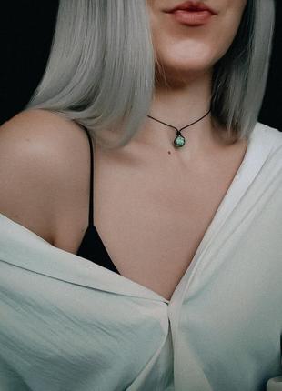 Чокер зелёный камень моховый агат, агатовый кулон