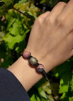 Родонитовый браслет, плетеный браслет из натурального камня родонит