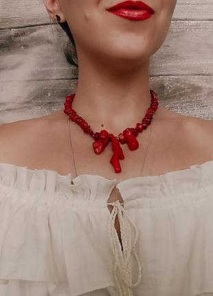Красное ожерелье колье из коралла и яшмы9 фото