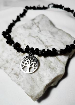 Чорний чокер з натурального каменю обсидіану та агату з підвіскою дерево життя3 фото
