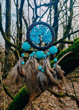 Бирюзовый ловец снов мини древо жизни с перьями фазана и натуральным камнем говлит, подвеска в авто