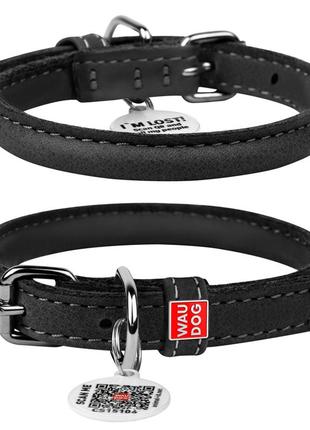 Ошейник для собак кожаный waudog soft с qr паспортом, круглый, д 13 мм, дл 53-63 см черный
