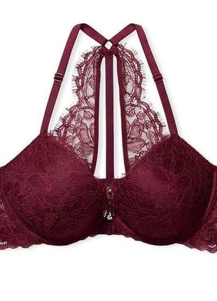 Victoria`s secret front close lace shine strap push-up bra бордовий