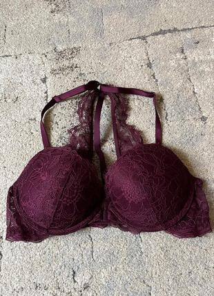 Victoria`s secret front close lace shine strap push-up bra бордовий10 фото